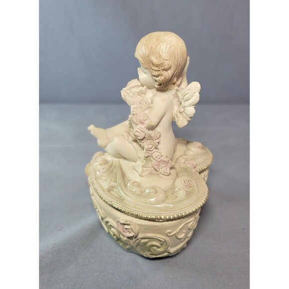Cherub Trinket Heart Box Bisque Angel w/ Roses Jewelry Valentine Carved Case - Picture 3 of 12